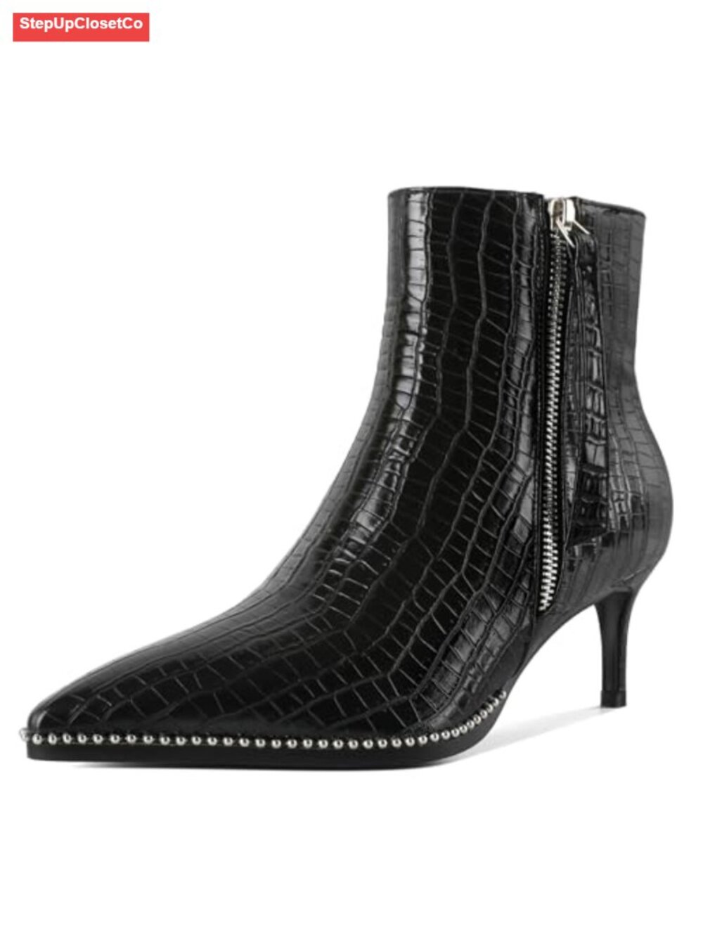 Women's Crocodile Leather Kitten Heel Ankle Boots Beaded Pointed Toe Zipper